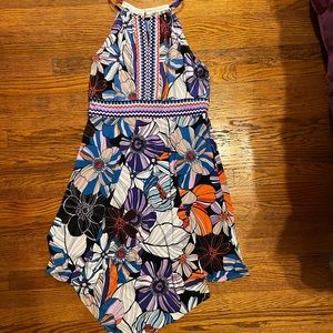 Multi-color retro pattern dress with handkerchief hem; sleeveless